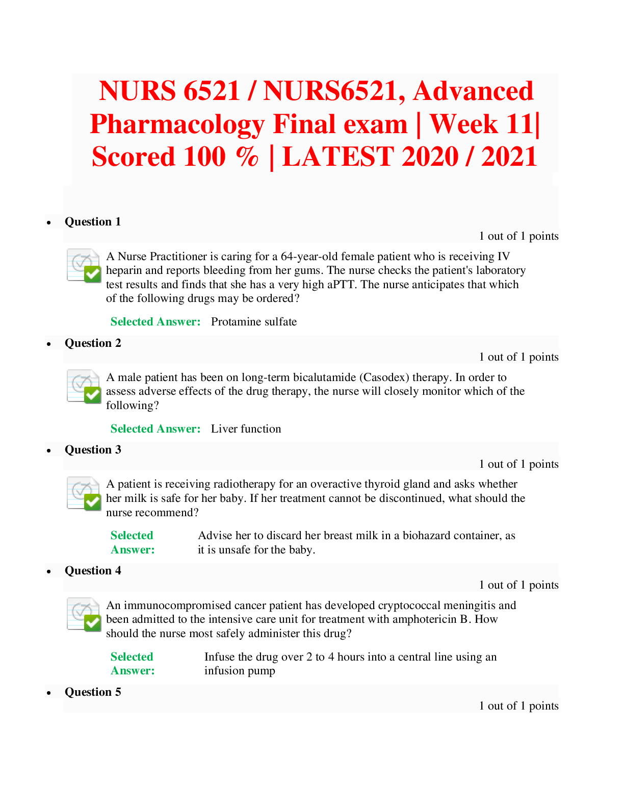Preview of NURS 6521 / NURS6521, Advanced Pharmacology Final exam | Week 11| Scored 100 % | LATEST 20